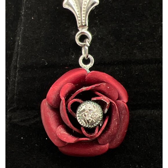 Handcrafted Red Rose Drop Earrings With Silver Accents & Clip-On Backs - Picture 4 of 7